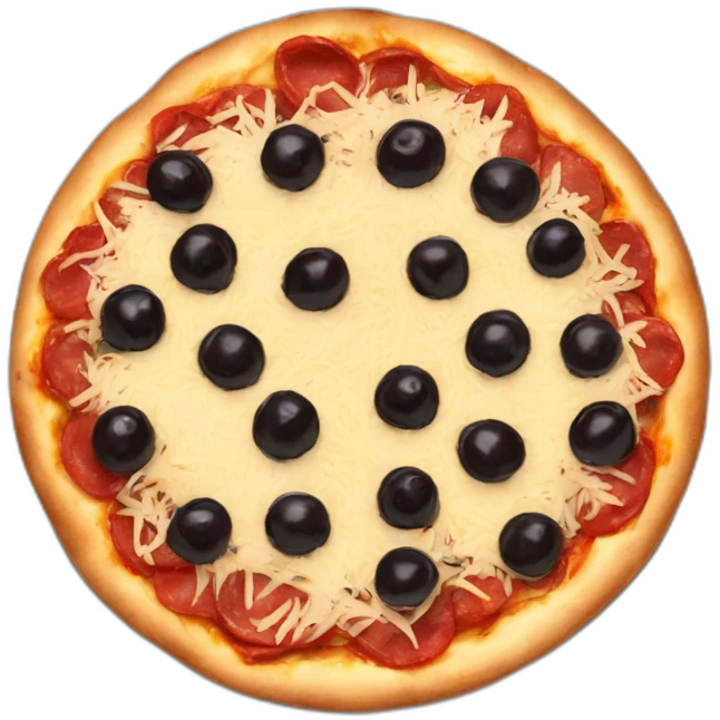 a single round pizza with black olives and shredded beef topping emoji
