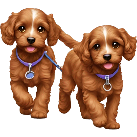 Two brown cavapoo puppies walking on leash emoji