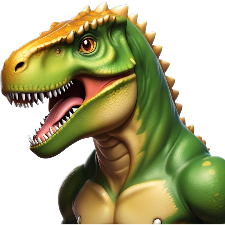 Cinematic Noble T-rex Portrait Emoji, Poised and commanding, with a massive, powerful head, a robust, muscular body, tiny, determined arms, and a fearsome yet noble gaze, Simplified yet sharply defined features, highly detailed, glowing with a cool, primal radiance, high shine, intelligent and formidable, stylized with an air of ancient predatory authority, focused and vigilant, soft glowing outline, capturing the essence of a watchful and confident T-rex that appears ready to roar out of the screen with effortless might! emoji