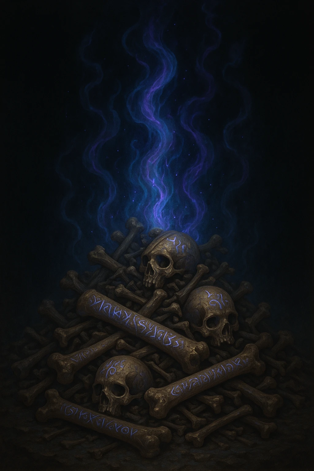 a pile of bones carved with magic runes, mystical energy rising from the pile, fantasy illustration emoji