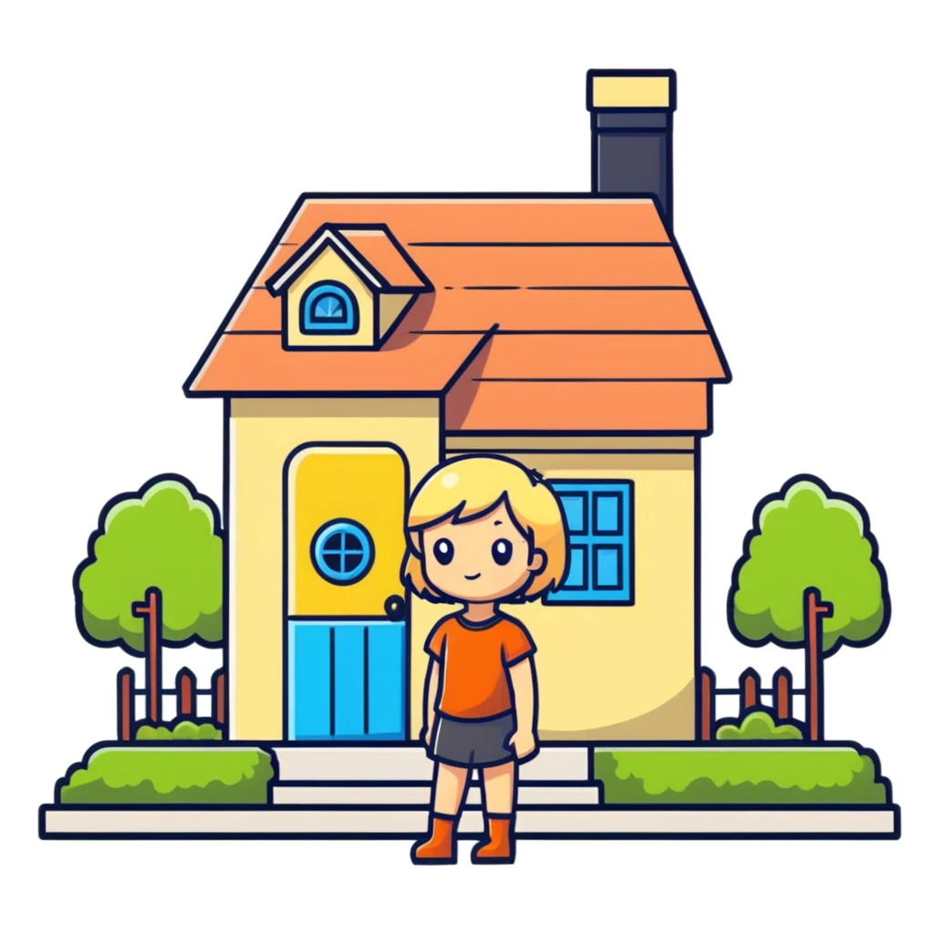a blonde girl standing outside a small cute home emoji