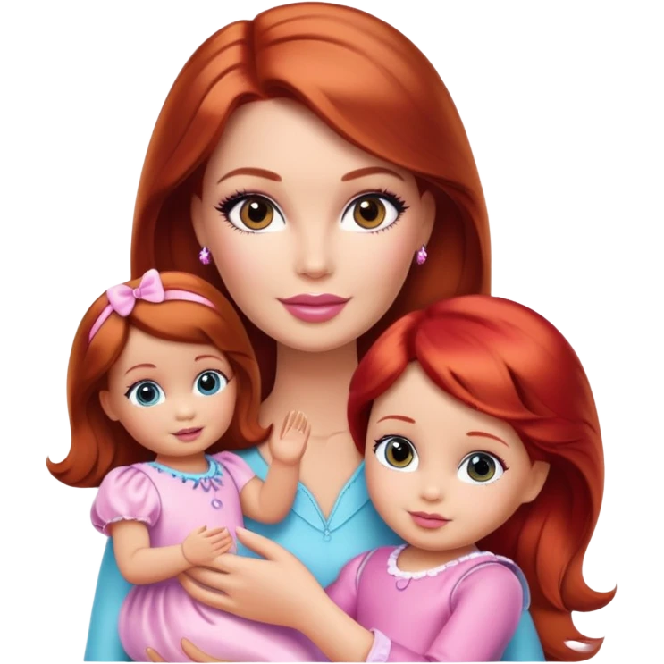 Barbie girl with makeup with brown hair with baby daughter girl with red hair by the hand emoji