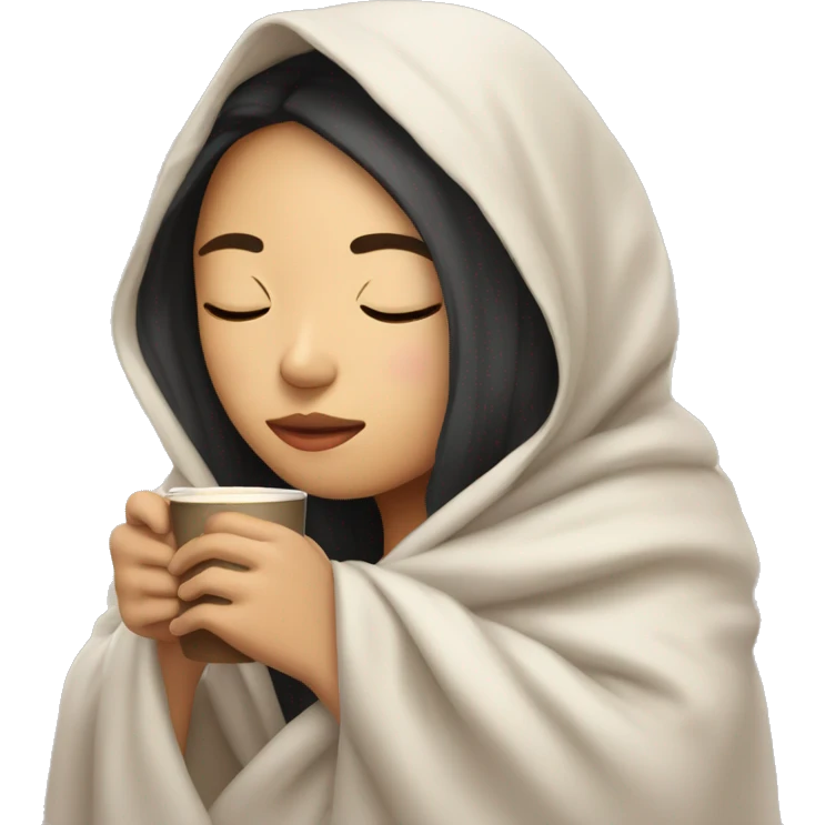 asian girl inside a blanket sipping coffee eyes closed emoji