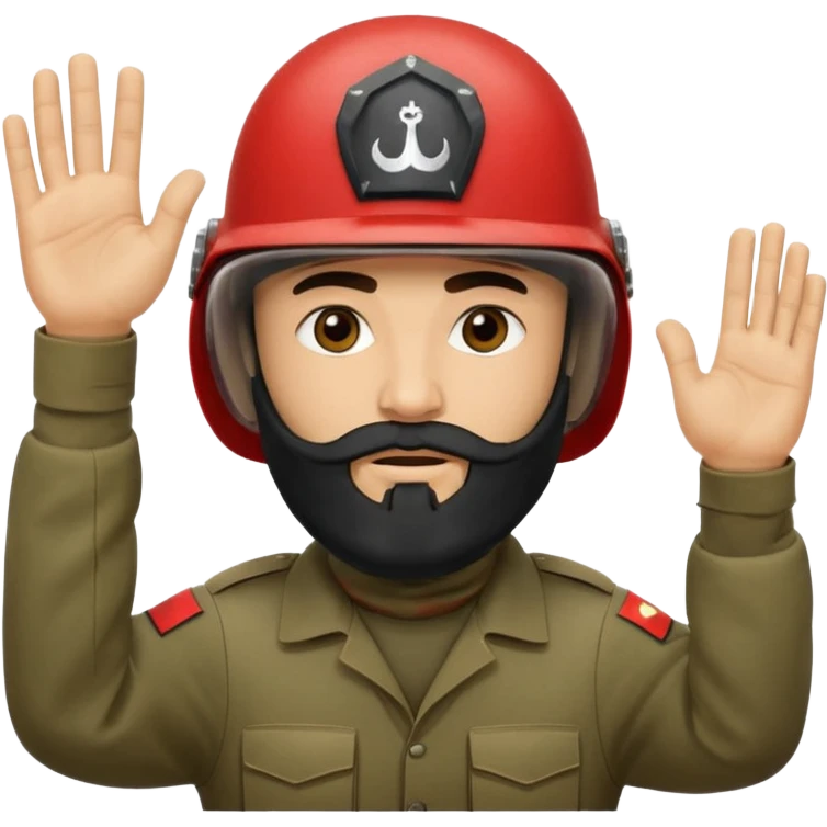 surrenders, depicts an Iraqi soldier from 1980, with a beard, in a helmet, a helmet WITHOUT insignia, with a balaclava, with sad eyes and both hands raised up emoji