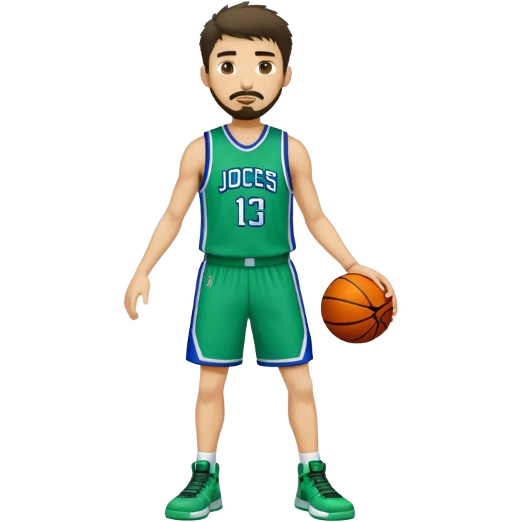 Full Body white male basketball player with short dark shaggy hair and goatee wearing blue and green uniform emoji