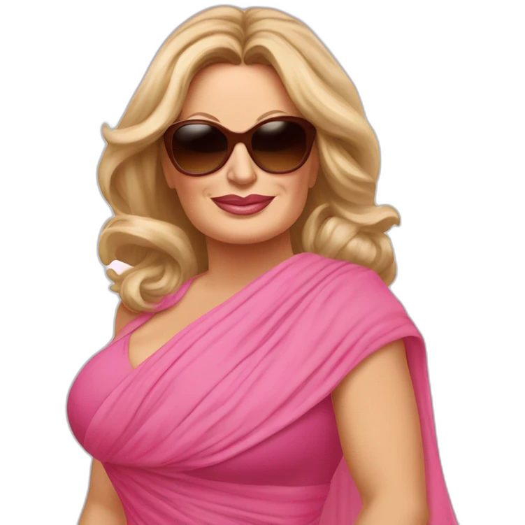 Jennifer Coolidge from tv show White Lotus. She is wearing large brown round vintage sunglasses. She has a pink chiffon scarf wrapped around her head and pink dress emoji