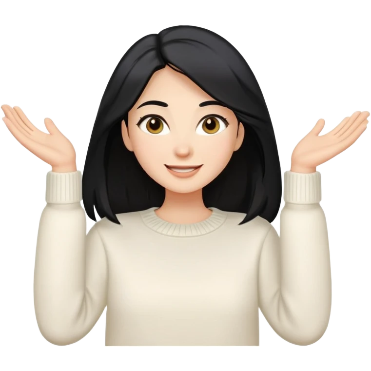A woman with longer black hair, light to medium skin tone, full cheeks, and almond-shaped eyes, wearing a simple white sweater, joyful and radiant expression, cheerful. emoji
