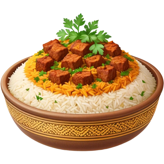 Cinematic Realistic Biryani Dish Emoji, depicted as aromatic basmati rice layered with spiced meat and herbs rendered with vibrant textures and warm, inviting lighting. emoji