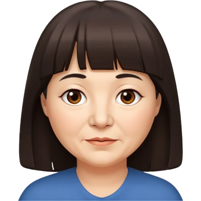 60 yr old woman, very small brown eyes, long hair, straight dark brown hair, bangs, chubby, long face emoji