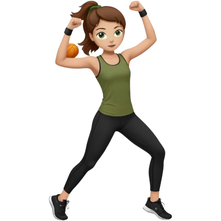 Girl with green eyes, brown hair, light skin, and freckles wearing an olive green top with black leggings working out emoji