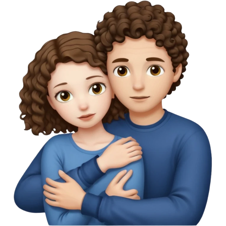Girl with with sharp eyes tie her hair hugging a guy with short curly brown hair emoji