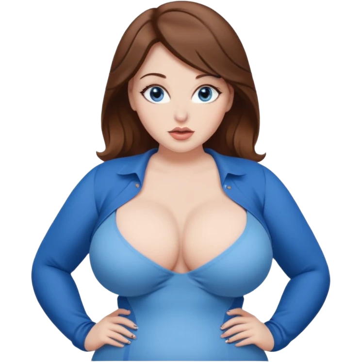 sexy mistress, brown hair, slutty outfit. curvy body. pale skin. blue eyes. oversized breasts. emoji