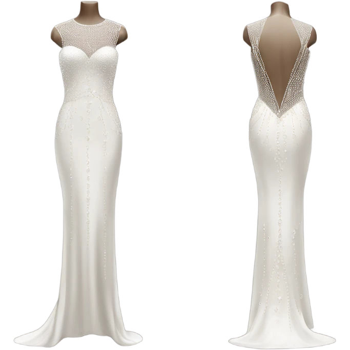 Hyper Realistic ornate 
Minimalistic diamonds and peals sheath Wedding dress displays emoji