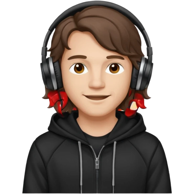 emoji of a young gentleman, long wavy brown hair, wearing a hoodie and headphones, cheerful look emoji