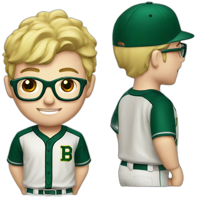 baseball card character. Blonde male. Short hair with glasses. Dark green uniform with har emoji