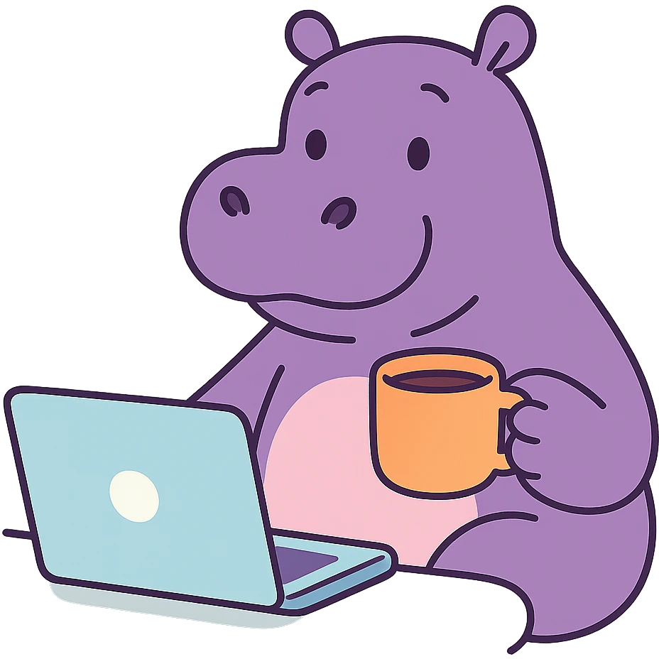 A cartoon hippo sitting at a laptop, drinking coffee, pastel colors, soft and cute style emoji