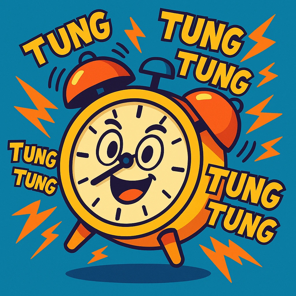 playful cartoon-style alarm clock ringing with comic sound effects 'tung tung tung' representing sahur time, vibrant and energetic emoji