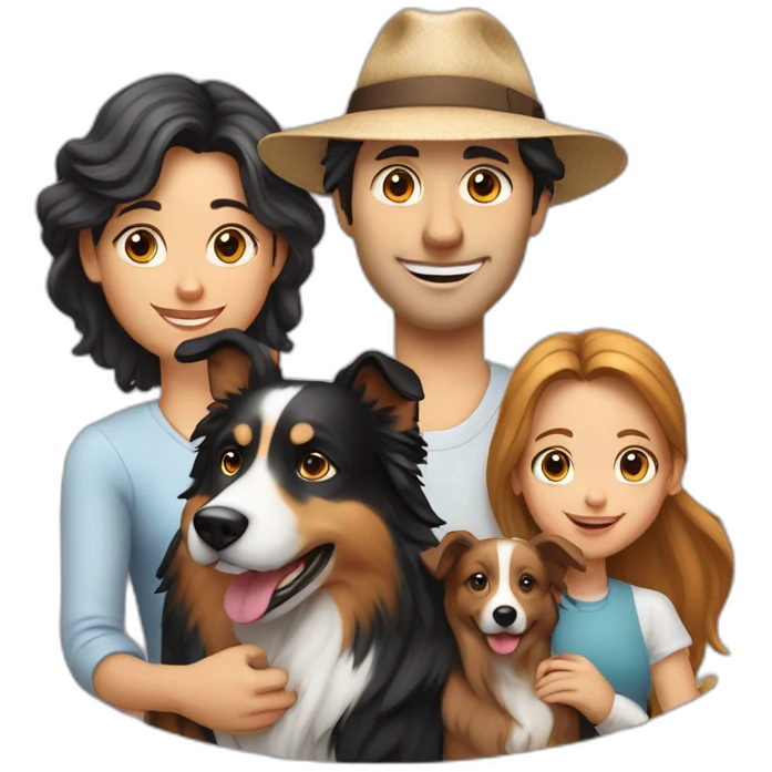 family group of three consisting of man in hat and woman with long hair in ponytail and small border collie dog emoji