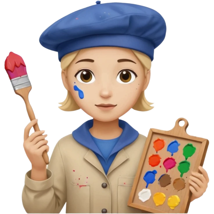 emoji of a professional painter, holding a canvas, wearing a smock and beret, artistic vibe emoji
