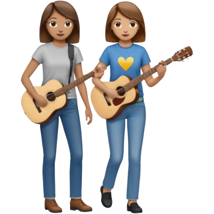 based on emoji style, like this "💁🏻‍♀️" "💁🏽‍♂️" "💁🏻", two people walking together. one is brown-haired woman, wearing business casual, holding a guitar. Another one is a non-binary person, wearing t shirt and jeans, and this person doesn't have anything on their hands. they are walking together. emoji