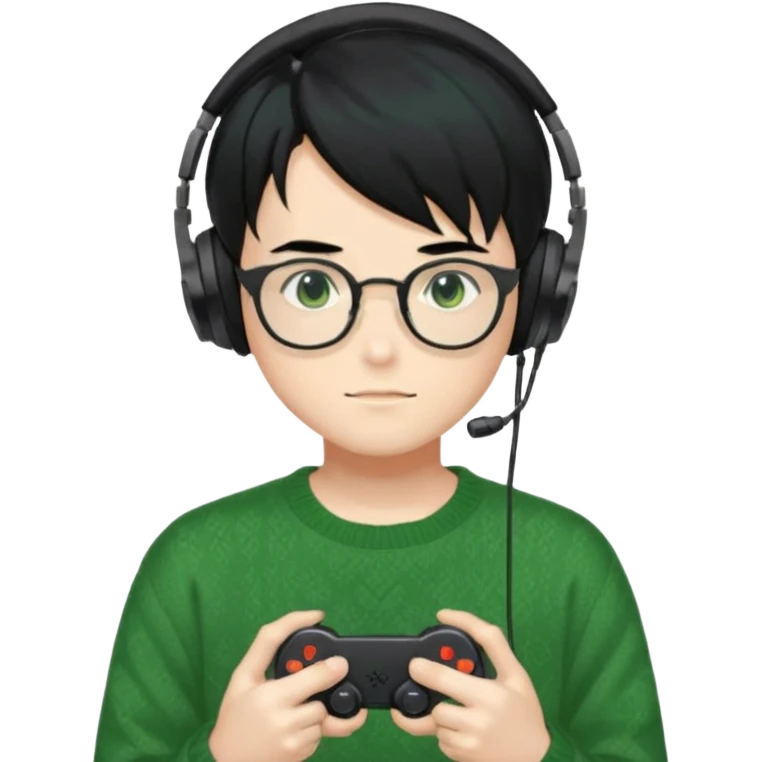 
gamer, Gorgeous green sweater black hair anime style shojo guy glasses, headphone, gamepad emoji