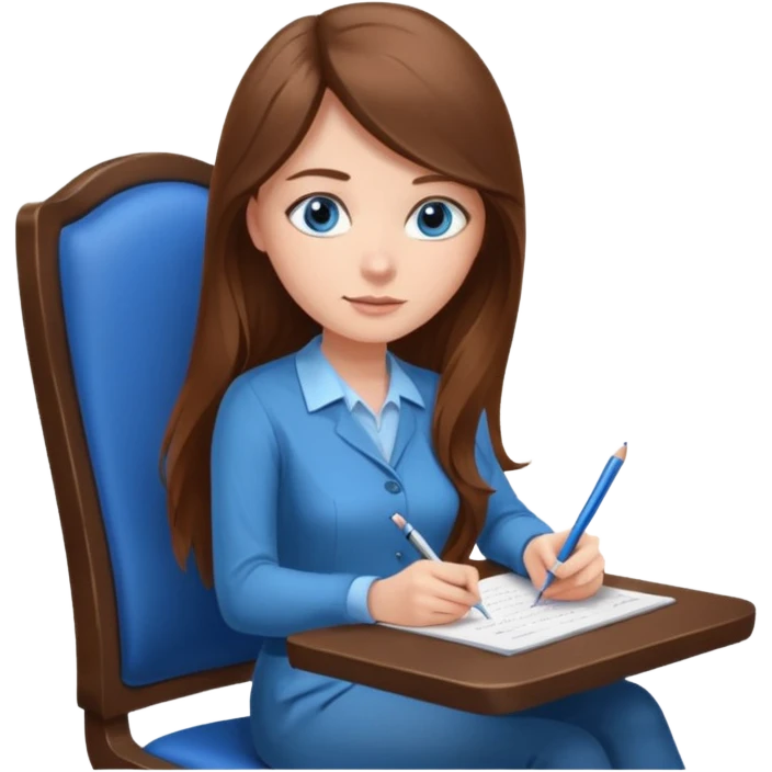 Девушка - психолог с длинными коричневыми светлыми волосами, с голубыми волосами, сидит в кресле и делает запись на бланке emoji