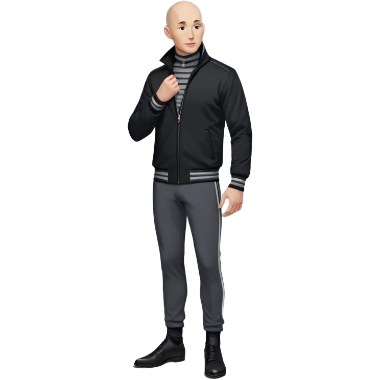 A tall, bald man with a long, pointed nose and a mischievous smirk. He wears a black zip-up jacket with a high collar, a gray striped scarf, and dark pants. His posture is slightly hunched, with his hands often gesturing dramatically, exuding both menace and charm emoji