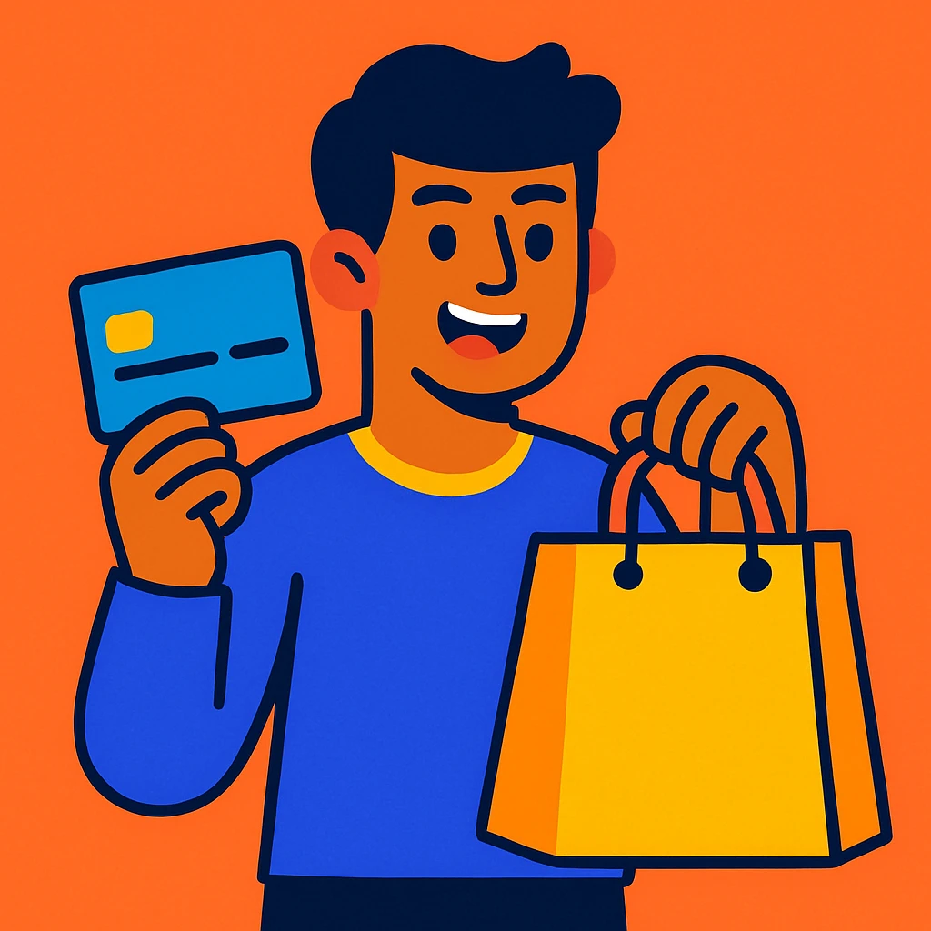 a guy holding a credit card and a shopping bag, modern illustration, vibrant colors emoji
