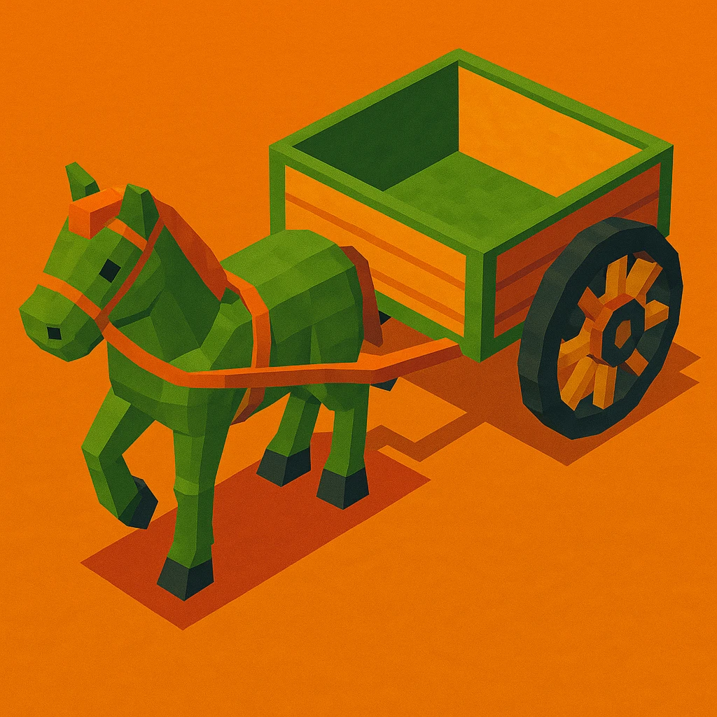 Isometric horse and cart with color variation: green and orange, keep original style low poly 3d. emoji