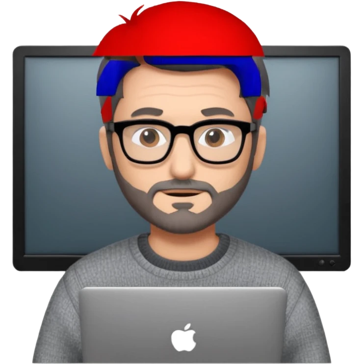 Profesor de pelo gris marrón oscuro con gafas un poco de barba jersey gris y un ordenador los óleos son marrones con poca cantidad de pelo emoji