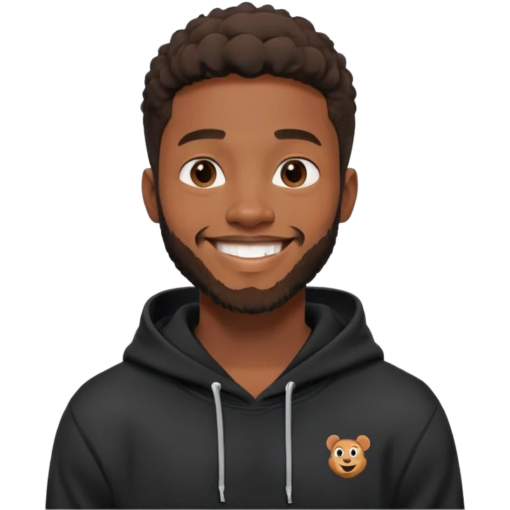 African yound man in his late 20s with a  bright smile with a short boxed beard, black hoody in Pixar cartoon style emoji