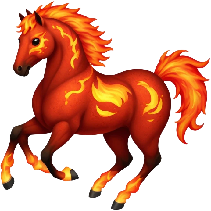 Red fast fire horse made of embers, magma, visible lava, burning, with ash particles surrounding it. Horse galloping with a fiery mane and tail. emoji
