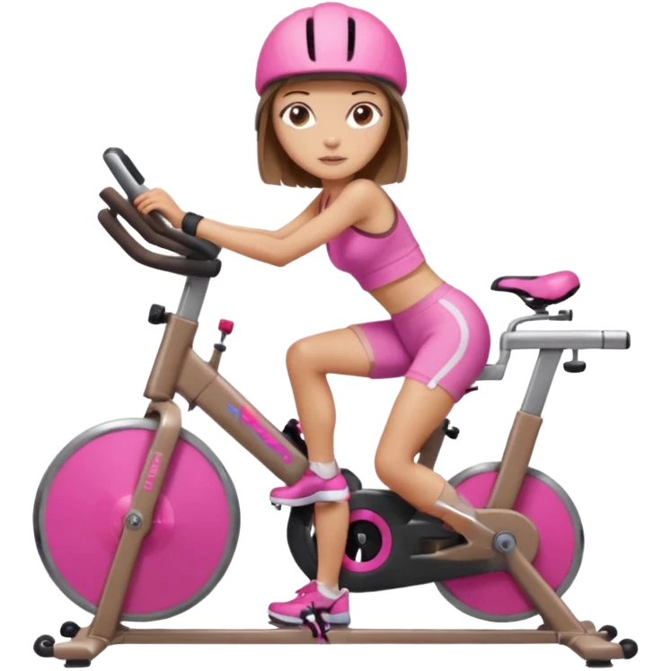 Light tan girl with a brown bob hat style with pink highlights in a pink workout set leaning on a indoor cycle bike emoji