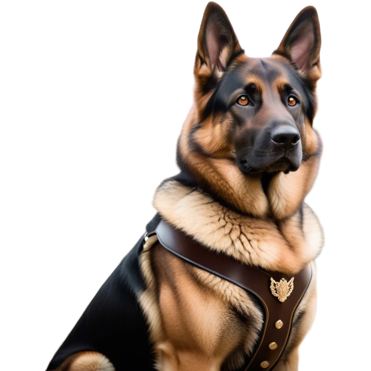 Cinematic Noble Tan/Black German Shepherd Portrait Emoji, Poised and regal, with a strong, athletic build and a dense, well-groomed coat in rich tan accented by a classic black saddle, deep-set soulful brown eyes, Simplified yet sharp and sophisticated features, highly detailed, glowing with a soft, dignified glow, high shine, intelligent and loyal, stylized with an air of authority, focused and attentive, soft glowing outline, capturing the essence of a watchful and commanding guardian, so majestic it feels as though it could stride out of the screen with effortless authority! emoji