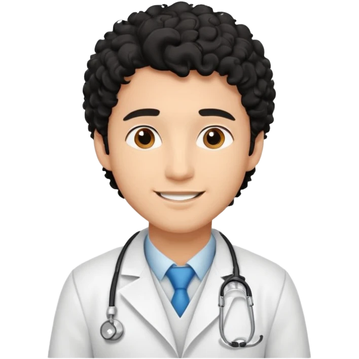 a young male doctor with black  curly hair and cheerful face emoji