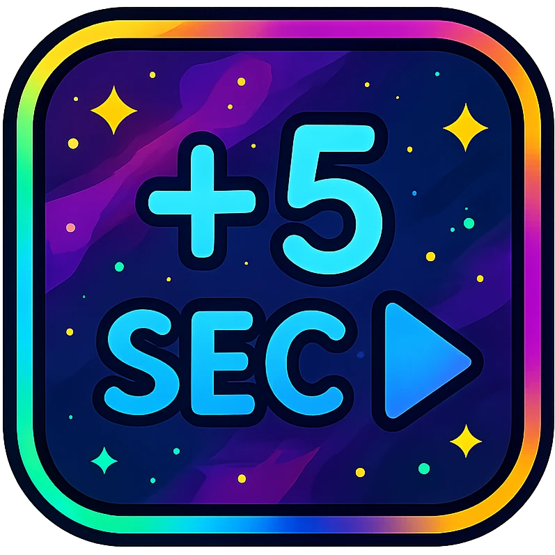 +5 sec icon with dark purples, blues, black base, neon glowing border, nebula gradients, small bright stars, subtle glow, specular highlights, luminous effect, accent colors cyan, pink, yellow, green, orange, consistent with media controls set emoji