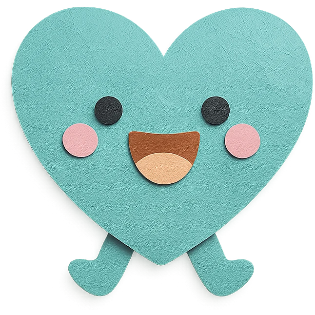 kawaii teal heart, jumping, happy face, soft pastel palette, no arms or legs, full body, paper craft style emoji