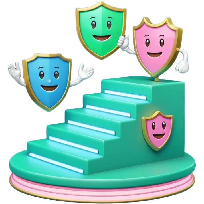 Minimalist 3D emoji-style podium with 2 steps on a green chroma key background. Step 1 (higher) features a handshake icon with blue neon glow. Step 2 (lower) features a smiling tooth with a shield icon and pink neon glow. Clean rendering, soft colors, uniform lighting emoji