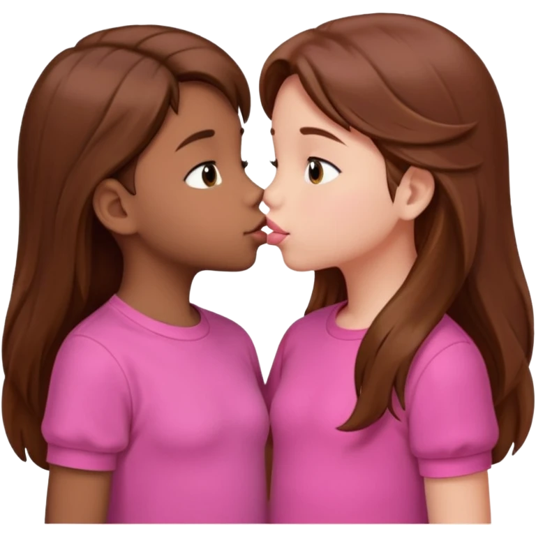 two 5 year old gals about to kiss on the lips, lips extremely close but not touching, pink shirts, long brown hair emoji