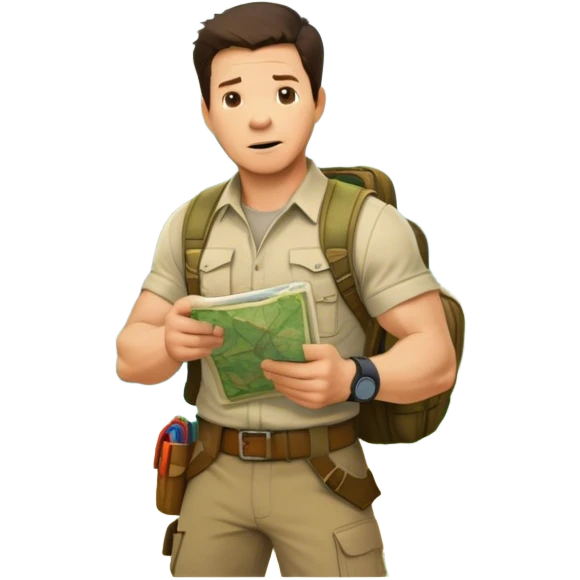 Icon for Adventure Movie: Mark Wahlberg in a jungle setting, holding a treasure map and surrounded by adventure gear. Behind him, ancient ruins rise through the dense foliage. Exciting, action-packed atmosphere with vivid jungle details. Transparent background. emoji