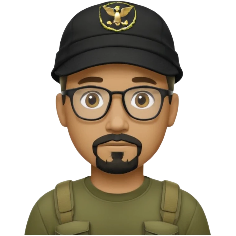 hombre trigueño , barba candado negra y blanca, anteojos, gorra negra , remera tactica verde oliva emoji