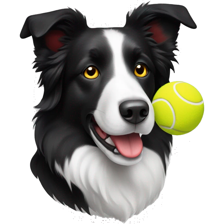 Black and white border collie dog with red collar and yellow tennis ball emoji