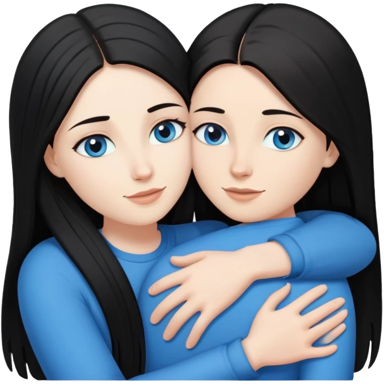 Lesbian couple with white skin. One with long straight black hair. One with long straight brown hair. Both with blue eyes. In a loving embrace emoji