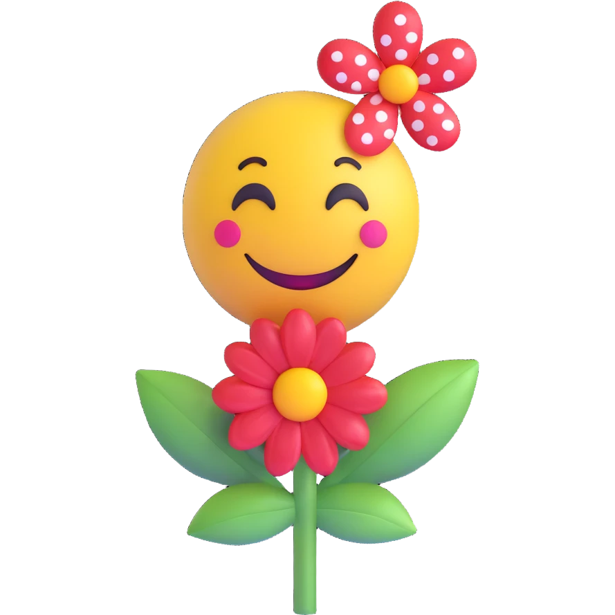 3D smiley emoji with big eyelashes, red polka dot bow, holding a flower, happy emoji