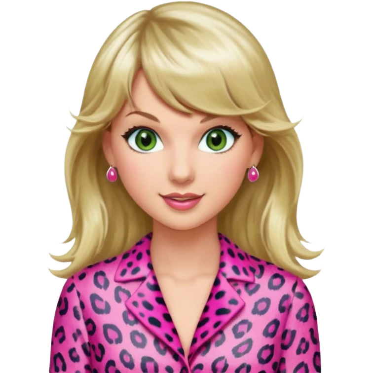 Long haired with bangs Green eyed smiling Taylor Swift wearing a pink leopard print outfit with hair that is half blonde and half pink emoji