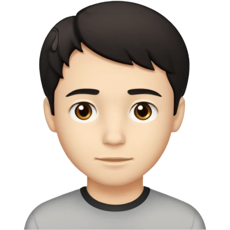 A young man with light skin tone, short wavy black hair parted to the side, large brown eyes, and a neutral expression with a small closed-mouth smile. emoji