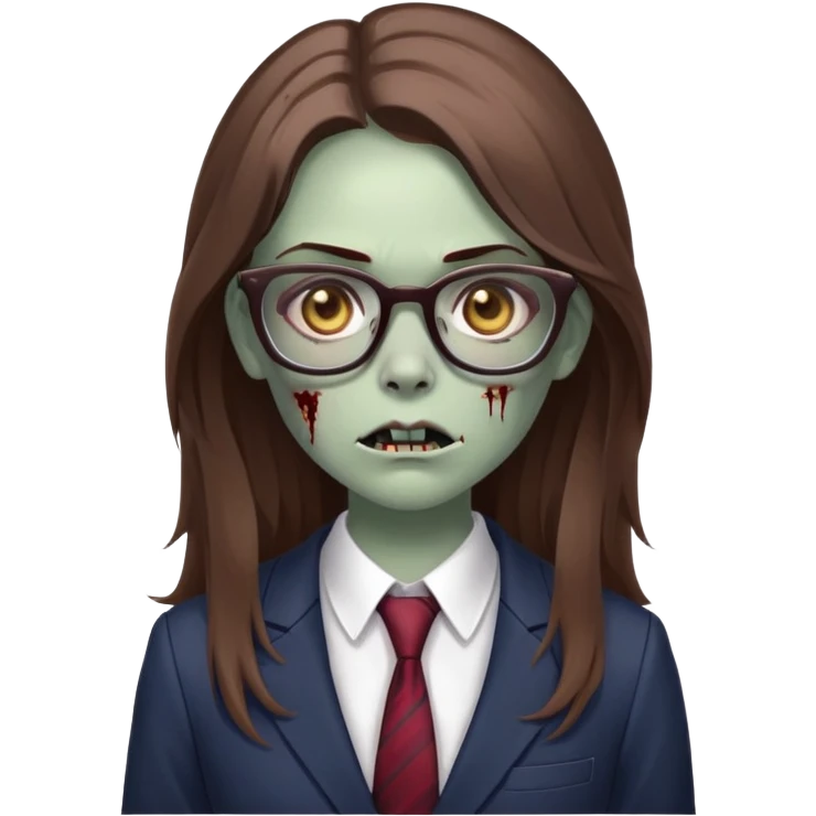 zombie girl with glasses, long brown hair, wearing a suit, looking confident emoji