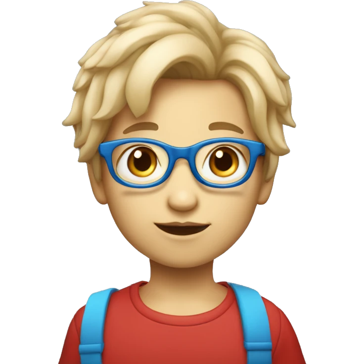 Un enfant avec les cheveux châtains clair qui a des lunettes rondes bleues et rouge et qui mange une glace emoji