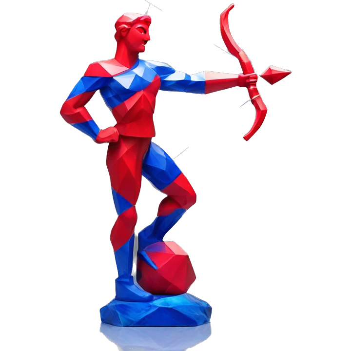 A Sagittarius sculpture with a geometric, faceted design. The Sagittarius is standing upright with angular and baroque features. The vibrant red and blue flame colors highlights the sharp edges and planes. Only 2 legs, clear features emoji