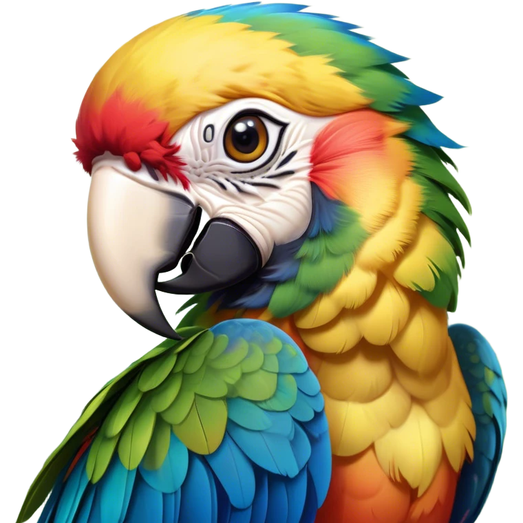Cinematic Cute Macaw Portrait Emoji, Head tilted playfully and inquisitively, with a dazzling array of colorful plumage and round, sparkling eyes filled with charm, Simplified yet irresistibly adorable features, highly detailed, glowing with a warm, friendly tropical glow, high shine, affectionate and lively, stylized with a touch of whimsical vibrancy, bright and endearing, soft glowing outline, capturing the essence of a mischievous yet loving parrot that seems as if it could flutter out of the screen into your arms! emoji